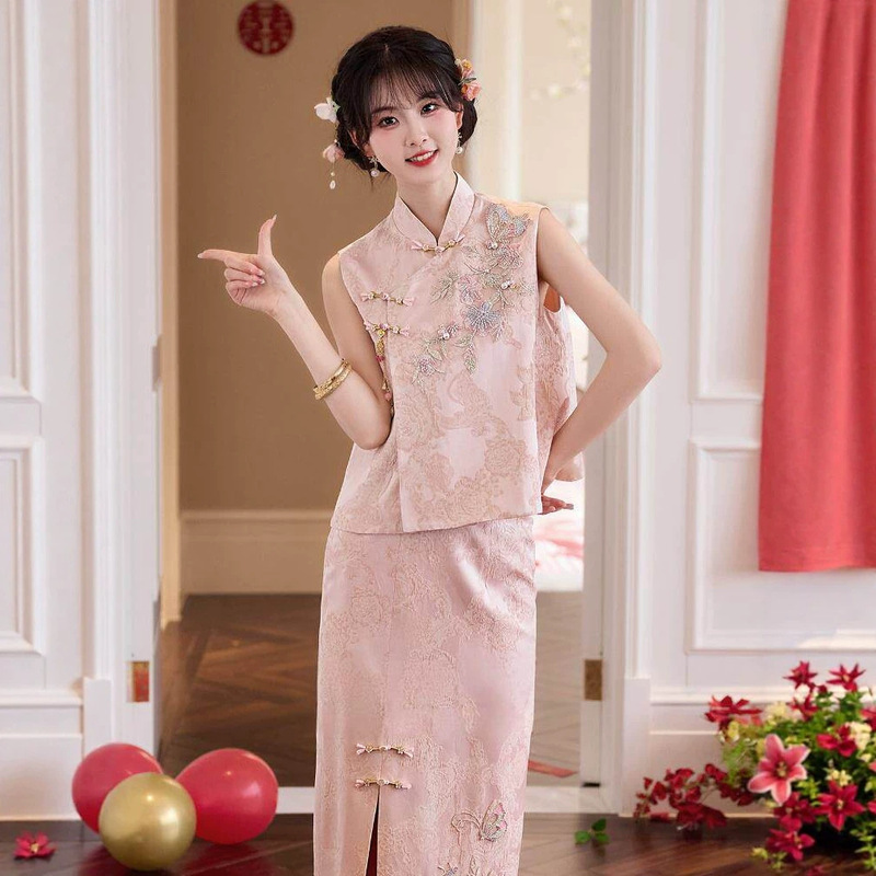 Pink New Chinese-Style Improved Qipao Engagement Dress Set, Toast Dress, Bride's Daily Wear, Suitable for Marriage Registration, Summer