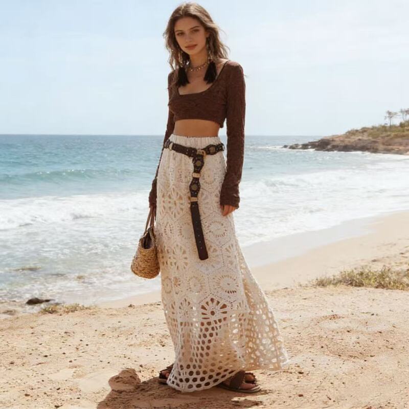 Summer Retro Lace Bohemian Chic Holiday Style Crochet Hollow-Out A-Line Knitted High-Waisted Long Skirt