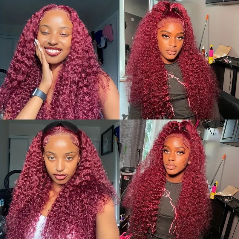 Perruque synthétique rouge vin, petites boucles duveteuses, avec lace frontale, bouclée à la main et ondulation naturelle. Taille moyenne, idéale pour un usage quotidien. Style européen et américain._voghion.com