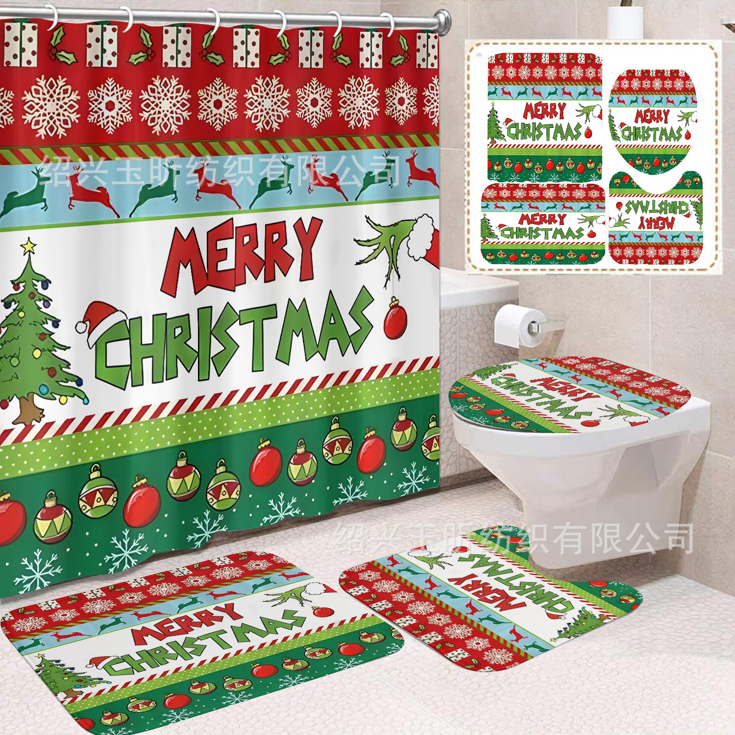 Tela de cortina de ducha transfronteriza, cortina de ducha impermeable, alfombra antideslizante de baño, juego de Grinch 4 de pelo verde al por mayor, sin perforación
