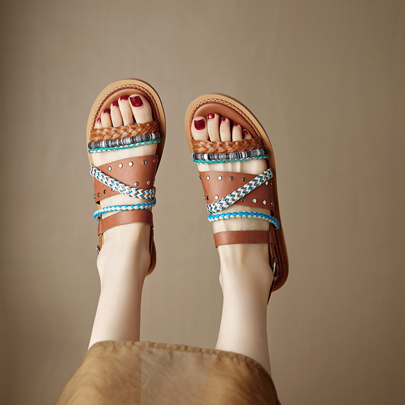 Dép sandal nữ quai ngang đế bằng da bò dệt phối màu, kiểu La Mã hở mũi — đen