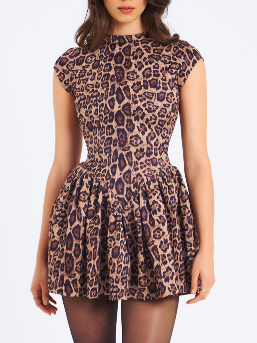 2024 otoño y invierno nuevo estilo europeo y americano ropa de mujer transfronteriza sexy cuello redondo de espalda descubierto delgado vestido de pluma de leopardo