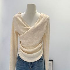 ピンクのフランス風のシックな襟の斜めの襟の長袖のニットの女性の初秋の優しい風の韓国系のデザイン感の上着