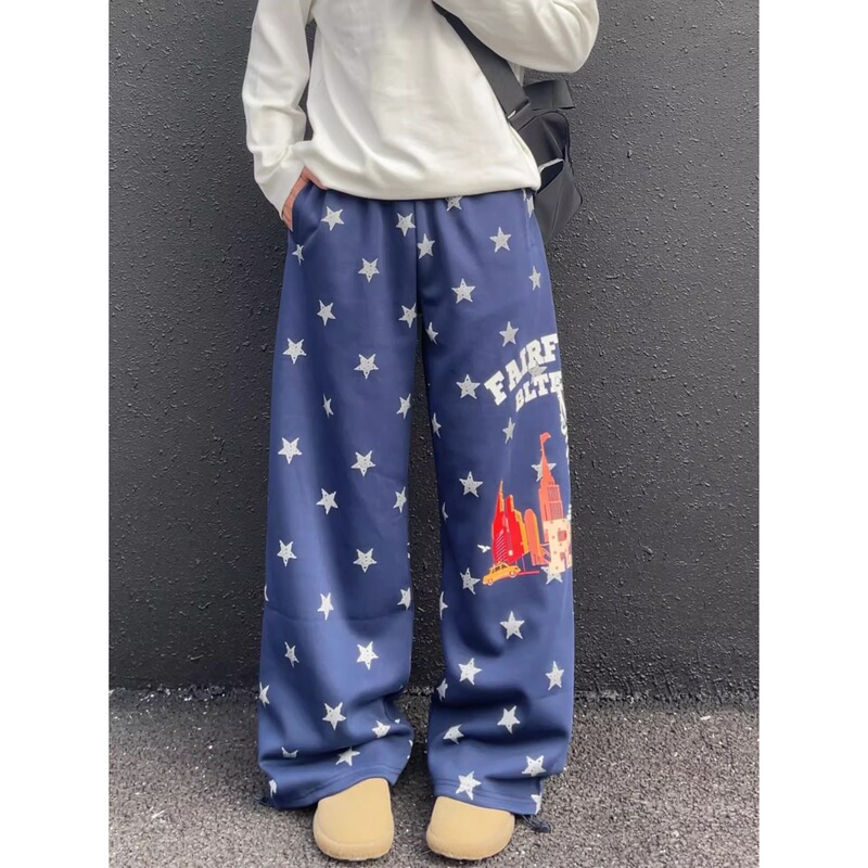 American retro style sweatpants with all-over star and letter prints, unisex, loose fit, casual wide-leg street dance couple's casual pants