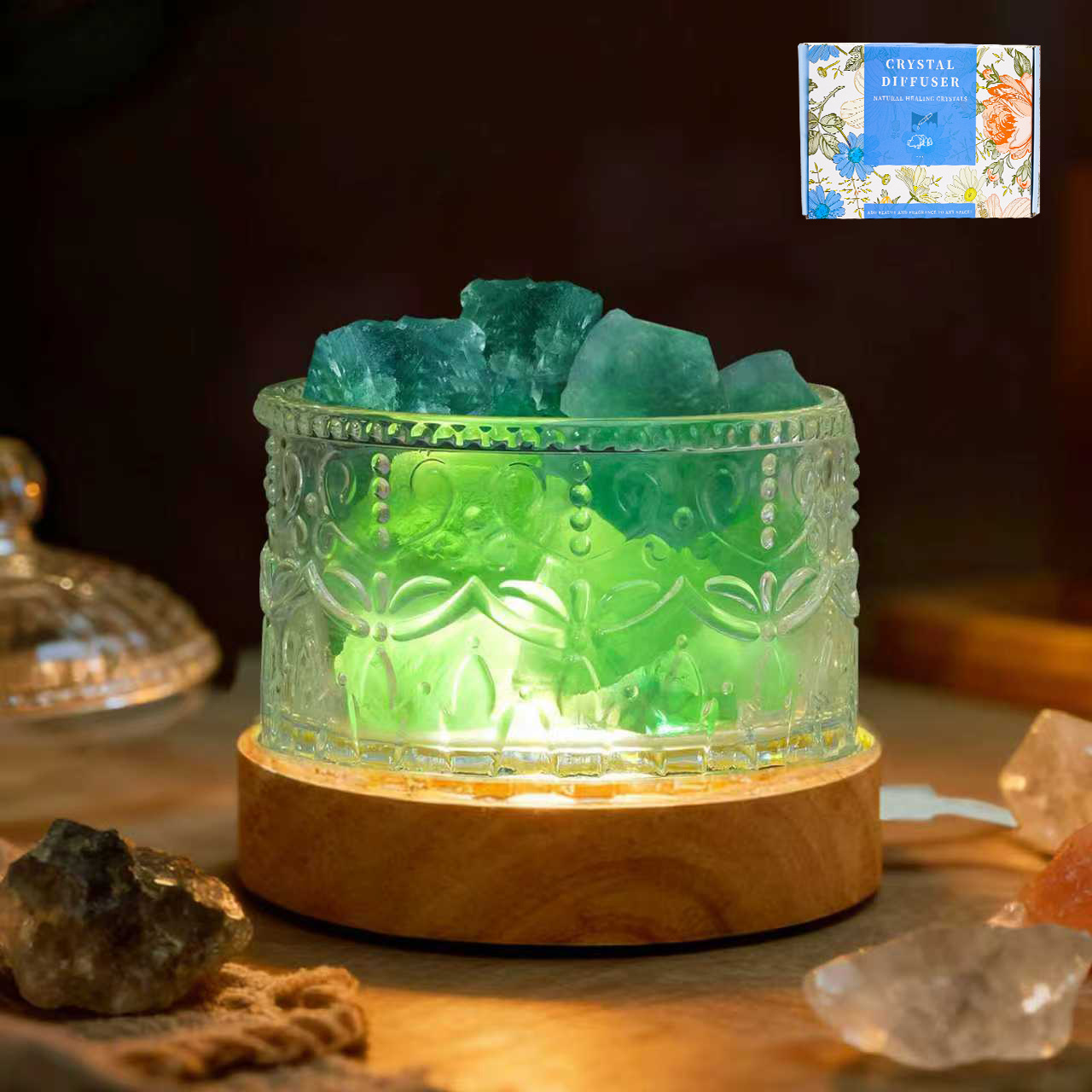 [Caja de regalo] Fluorita verde de 2-4 cm, 300 g + cuenco de vidrio con corona + base USB redonda tricolor