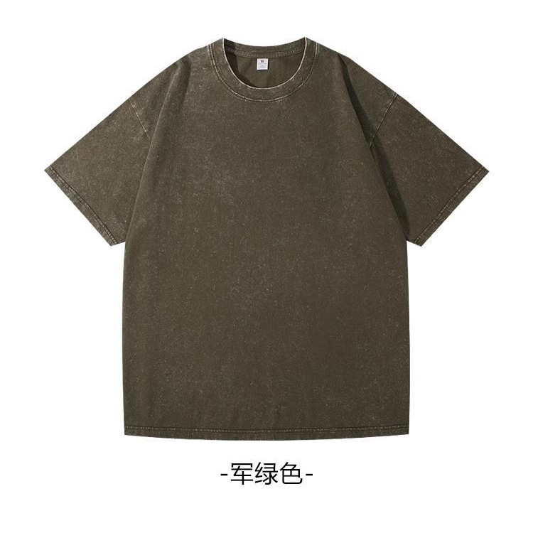 Exclusivo transfronterizo 230g de cera de algodón pesado lavado y viejo copo de nieve frito camiseta de manga corta hombro perdido retro calle suelta