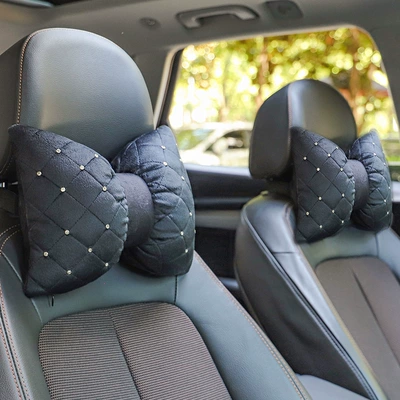 Car Headrest with Nail Embroidery, Headrest - studded-bow-headrest-set
