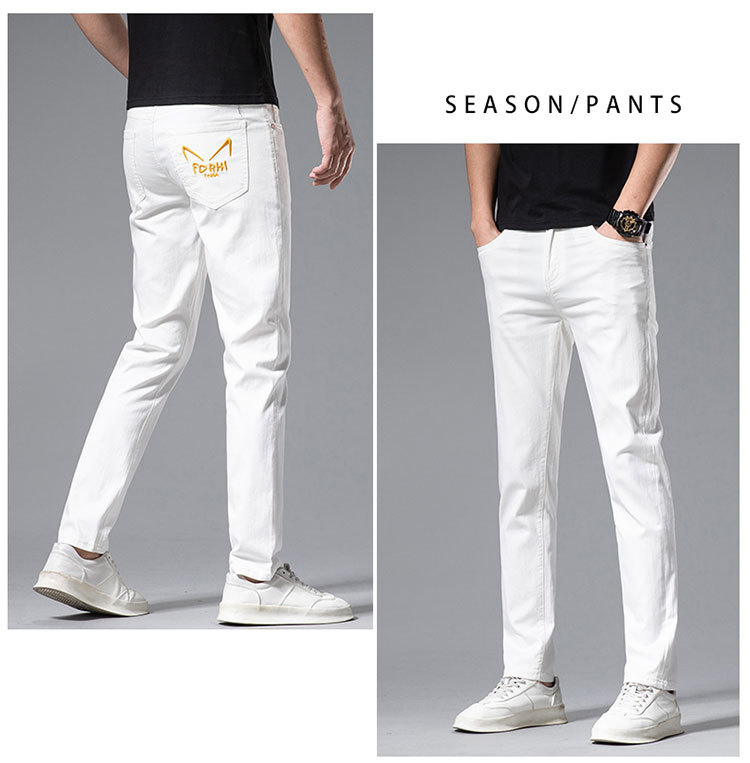 Jeans alla moda da uomo sottili primavera/estate Pantaloni con piedi elastici in cotone bianco slim fit ricamati di marca di fascia alta_voghion.com