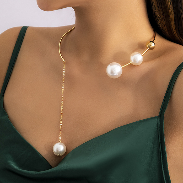 Designer Style Minimalist Geometric Personalized Round Bead Collar Chain Small Design Open Collar Cool Style Pearl Necklace_voghion.com