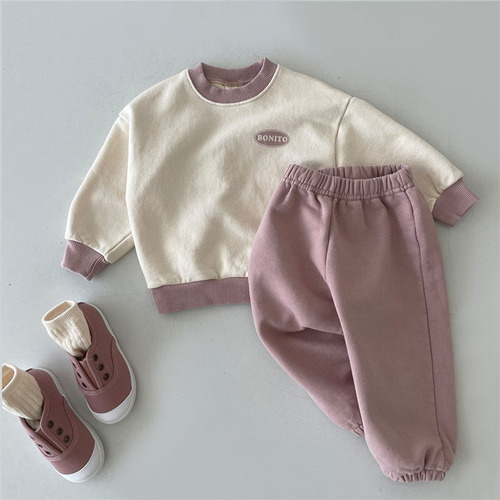Korean version of ins children's clothing for infants and toddlers in spring and autumn for boys and girls with letters soft and comfortable sweatshirts and pants casual suits