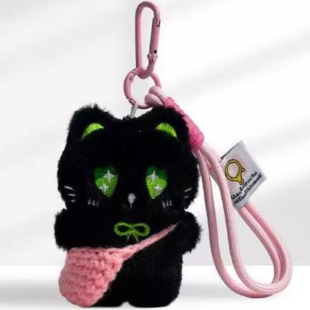 Super lindo pequeño gato negro tejido lindo cuerdas de mano de peluche hechas a mano muñeca llavero colgante bolsos colgantes de teléfonos móviles