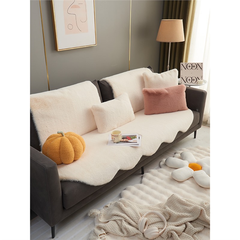 兔毛绒沙发垫轻奢真皮沙发垫子盖布巾秋冬四季奶油风沙发套罩坐垫