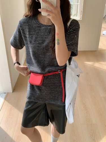 Clothes Paradise Striped Brushed Short Sleeve T-Shirt for Women 2025 Early Spring Skin Friendly, Soft and Loose T-shirt Top