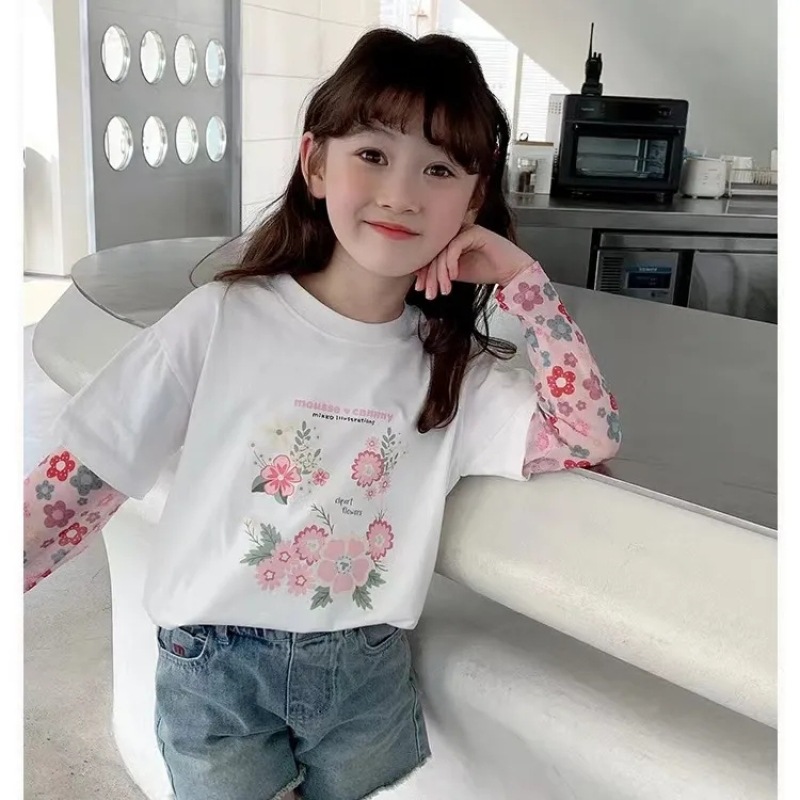 여자 여름 스플 라이스 선 스크린 슬리브 가짜 투피스 티셔츠 어린이 외국 스타일 반팔 스플 라이스 메쉬