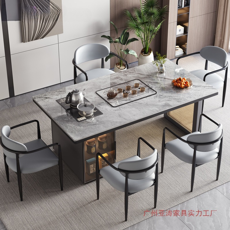 Red de Internet mesa de té de losa de roca de lujo ligero de estilo italiano, un conjunto completo de mesas y sillas de té de kung fu de oficina, mesa de té rectangular