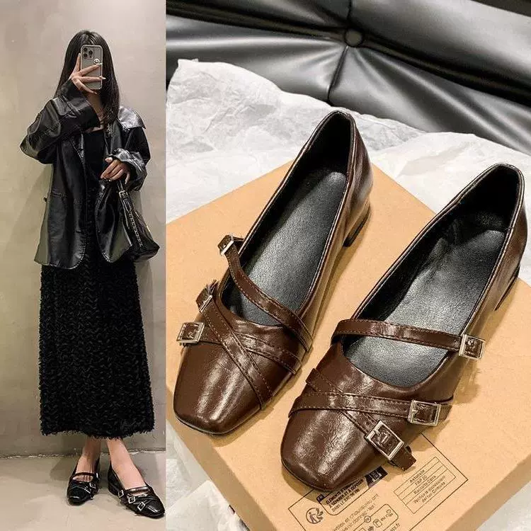 Туфли Мэри Джейн для женщин, весна-осень 2025, новый французский стиль с юбкой, элегантные туфли на массивном каблуке, универсальные туфли с неглубоким носком, большие размеры.