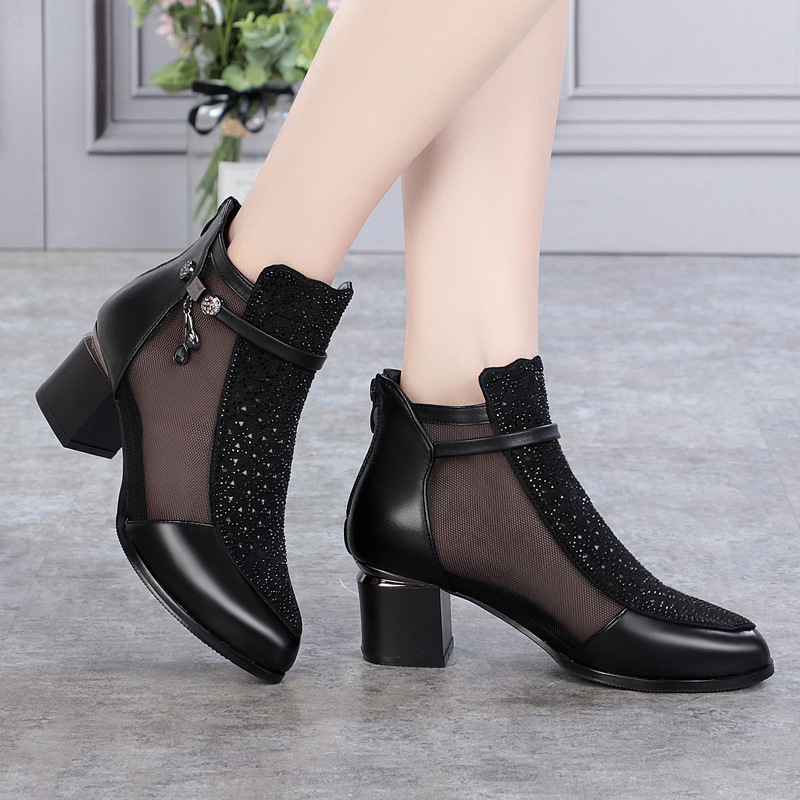 Giày boot nữ cổ thấp da thật lưới thoáng khí gót dày — đen