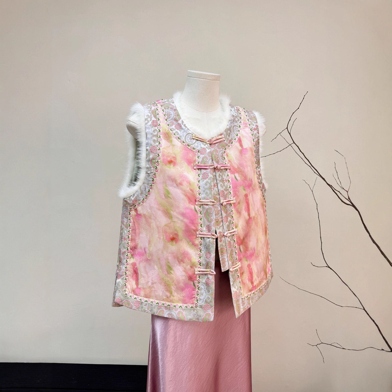 New Chinese-Style Padded Real Mink Vest 2025 Winter New Round-Neck Fairy-Like Vest for Girls Versatile Warm Vest