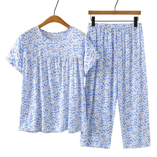 Middle-aged and elderly women's cotton silk pajama sets, artificial cotton mom's short-sleeved capri pants, cotton silk homewear for summer
