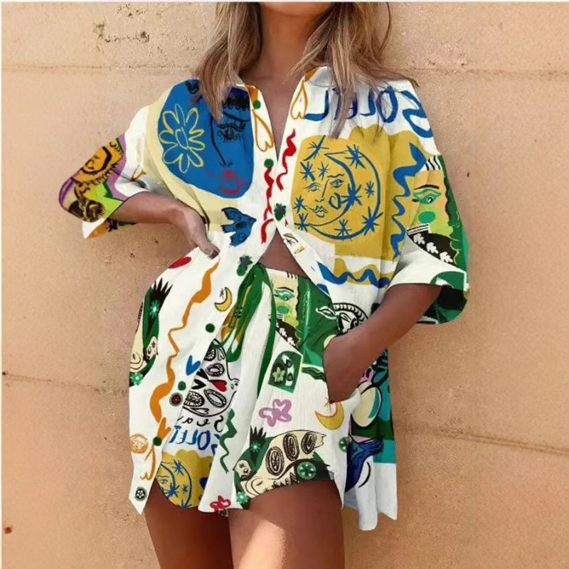2025 Spring and Summer Amazon European and American Cross-Border Fashion Women's Printed Loose Shorts Short-Sleeved Shirts Pod Customization