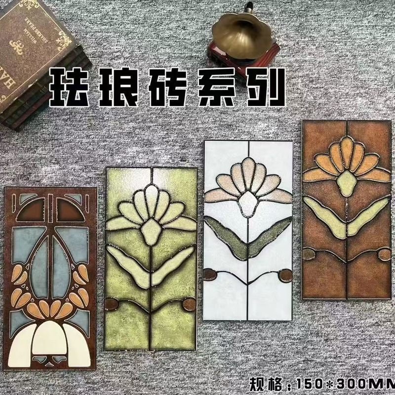 French-style vintage enamel tiles 150x300 hand-painted floral tiles for bathroom, dining room, kitchen, mid-century style embossed small floral wall tiles