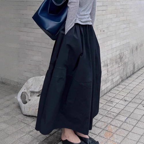 Black flower bud skirt for women in spring and summer new elastic waist covering up slim high waist mid-length long skirt