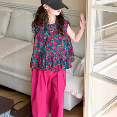 女童夏裝套裝2024新款大童韓版時尚闊腿褲兒童夏季碎花背心兩件套