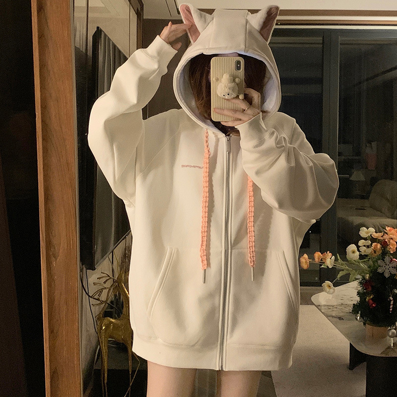 塞纳 猫耳朵连帽卫衣男女款秋季新款潮牌美式重磅加绒情侣外套女|undefined