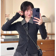 法式复古格子衬衫翻领假两件长袖女韩风蝴蝶结系带针织衫纽扣外套