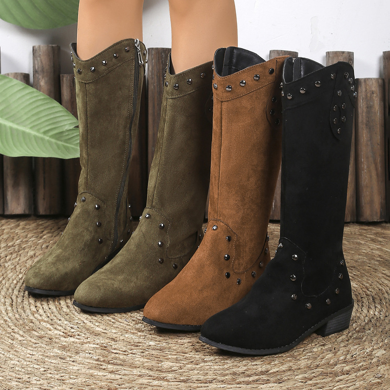 Retro V-Mouth Western Cowboy Boots Women's Pointed Toe Thick High Heel Fashion Boots 2025 New Large Size Cross-Border Boots Women Retro V-Mouth Western Cowboy Boots Women's Pointed Toe Thick High Heel Fashion Boots 2025 New Large Size Cross-Border Boots Women