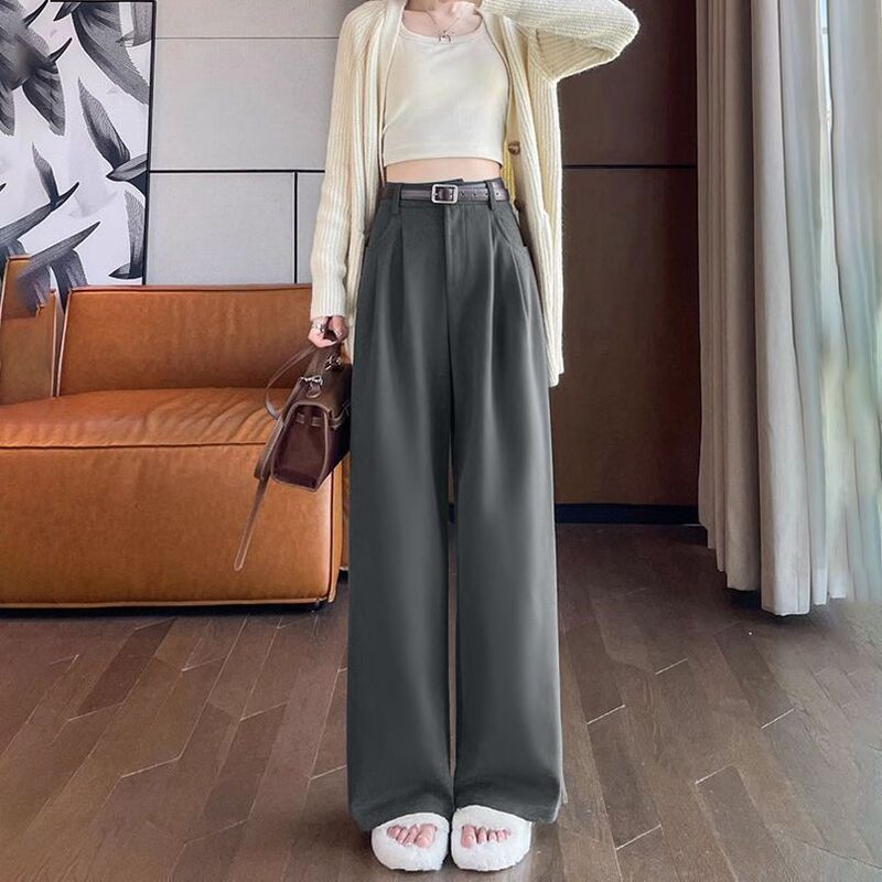 杏色西装阔腿裤女2025秋冬加绒加厚高腰感垂感直筒休闲裤子女|undefined