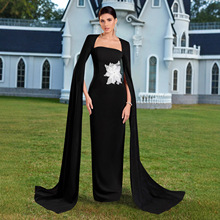 欧美新款单肩修身连衣裙高级感女神范优雅气质花朵装饰绷带晚礼服