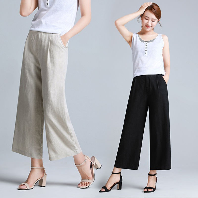 Wide-Leg Cotton and Linen Pants for Women, 2026 Spring and Summer Thin Solid Color Loose Casual Pants, Ol Professional Linen Cropped Straight-Leg Pants