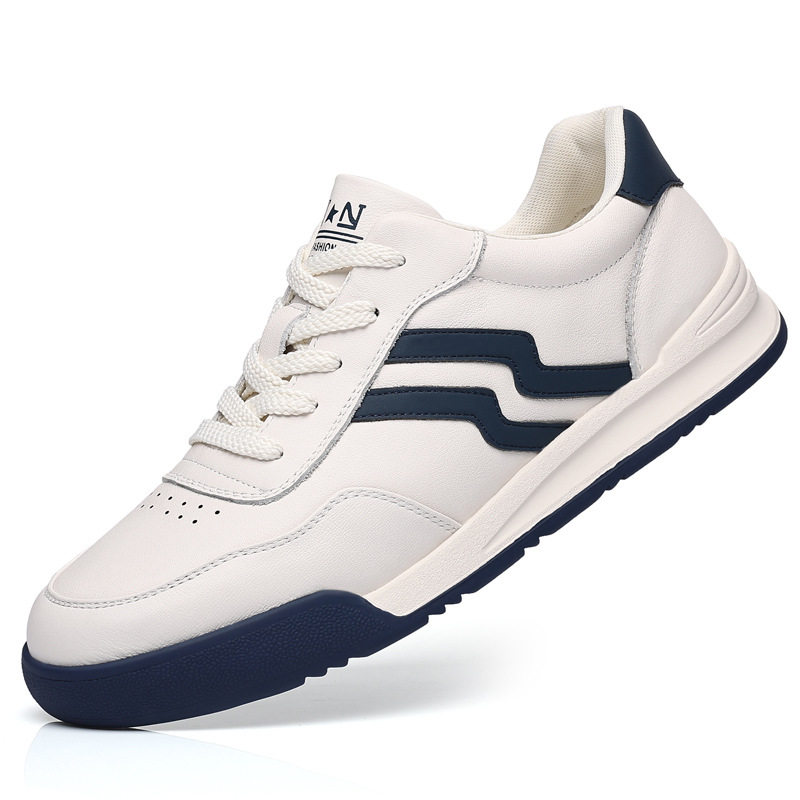 Giày sneaker nam da bò thật phối màu tương phản, cổ thấp, đế bệt — Màu trắng, Màu đen