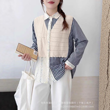 女款日系翻领格子拼接针织长袖衬衫上衣