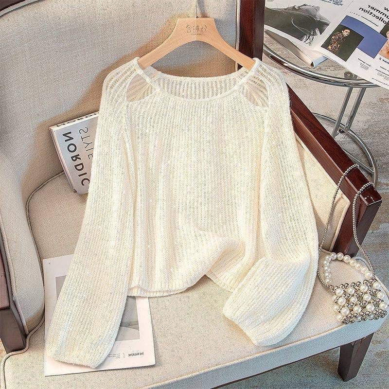 2025 New Women's Spring New Beaded Long-sleeved Elegant Pullover Solid Color Thin Hollow Crewneck Sweater Top