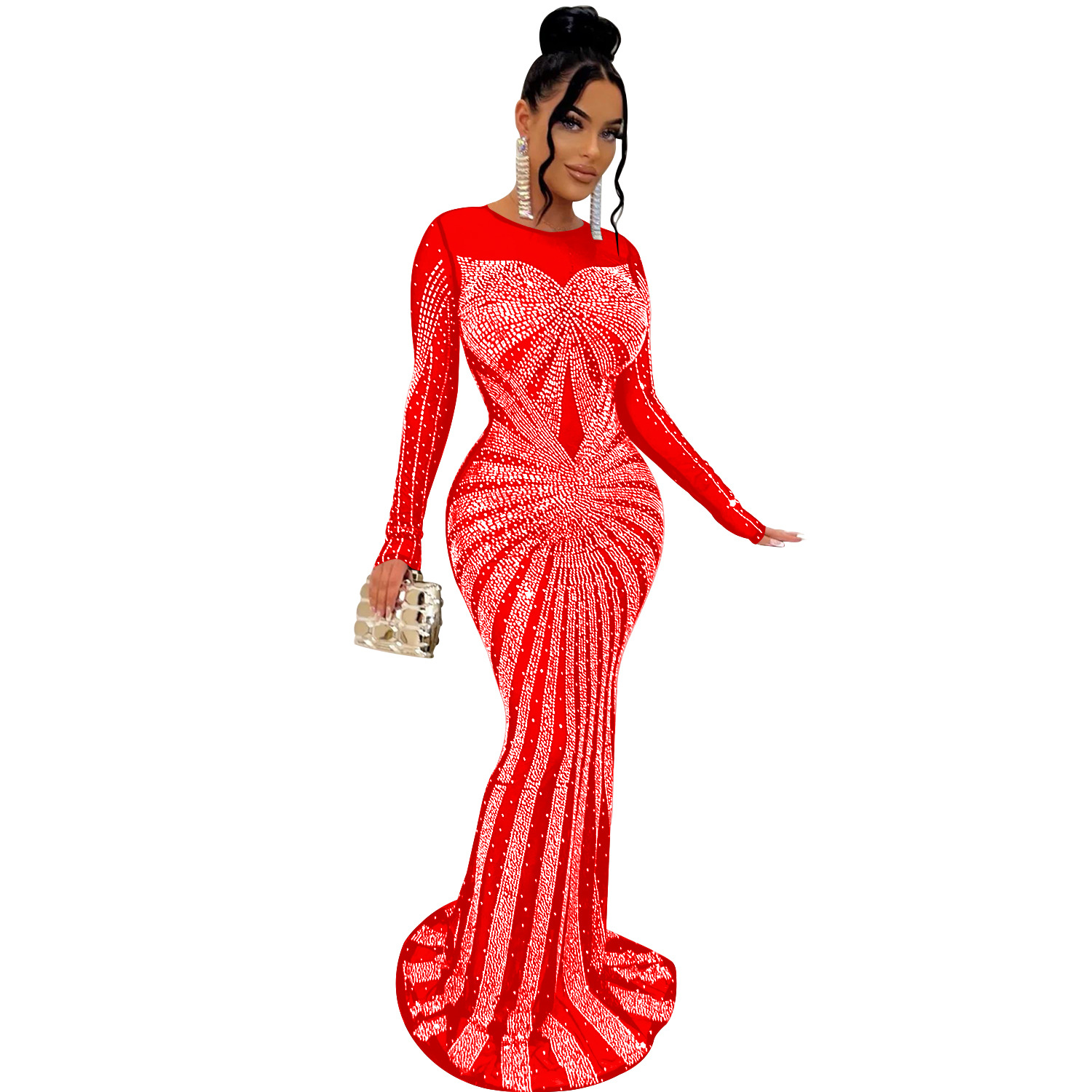 Women's Sheath Dress Elegant Round Neck Diamond Long Sleeve Solid Color Maxi Long Dress Banquet Party Street display picture 30