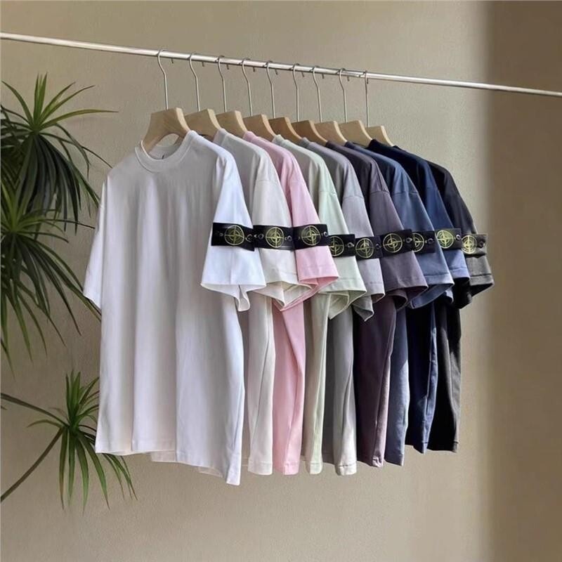 High Version Cross-Border Export New S t O Stone Classic Pure Color Compass Armband Short-Sleeved Round Neck T-Shirt Men's Trend