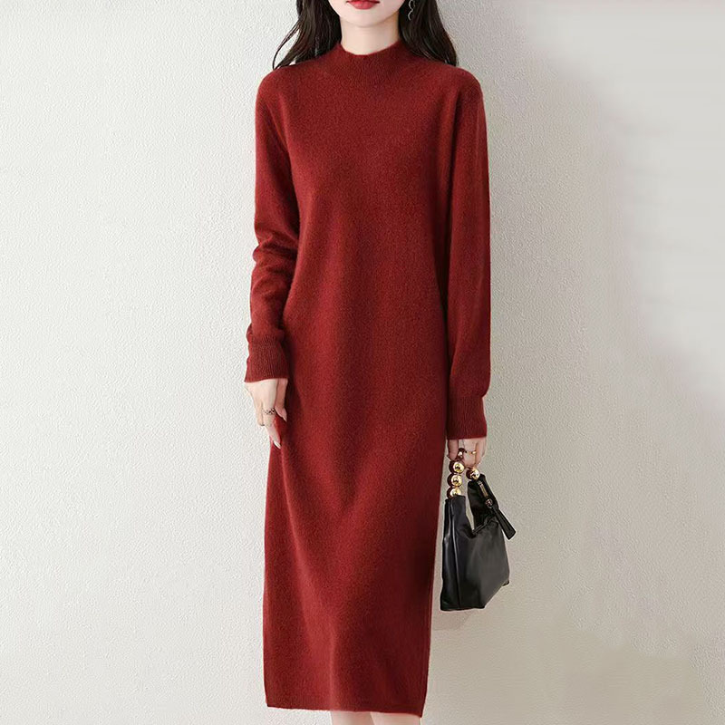 Dropshipping Autumn and Winter Half-Turtleneck Wool Knit Dress for Women, Over-The-Knee Loose Mid-Length Sweater Dress Pullover Base Layer Dropshipping Autumn and Winter Half-Turtleneck Wool Knit Dress for Women, Over-The-Knee Loose Mid-Length Sweater Dress Pullover Base Layer
