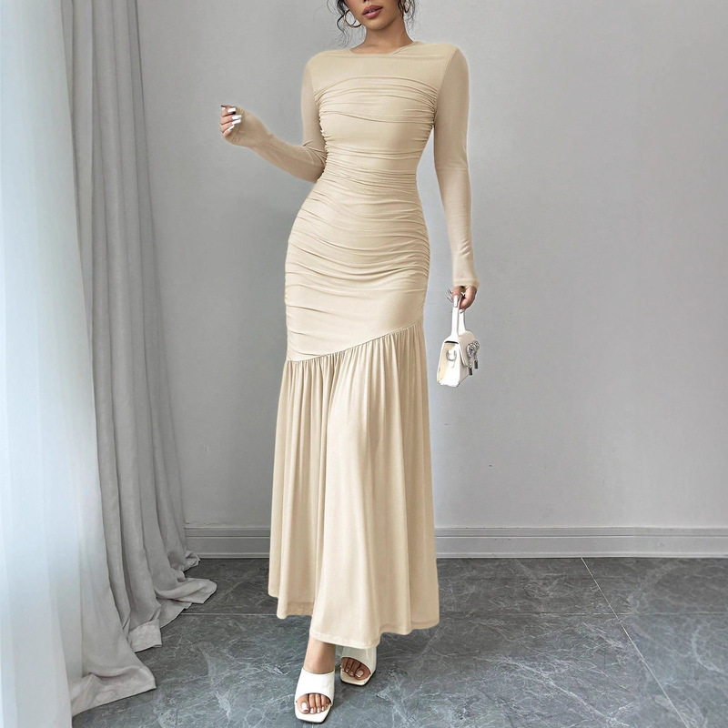 Cross-Border Export European and American Hot-Selling Women's Clothing 2025 Autumn and Winter New Fashion Slim Pleated Elegant Long-Sleeved Dress Cross-Border Export European and American Hot-Selling Women's Clothing 2025 Autumn and Winter New Fashion Slim Pleated Elegant Long-Sleeved Dress