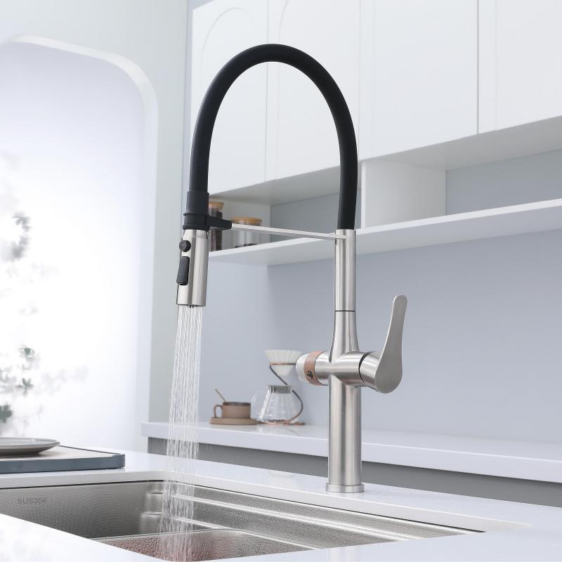 外贸304不锈钢磁吸水龙头 厨房洗菜盆冷热水净水三合一硅胶管龙头