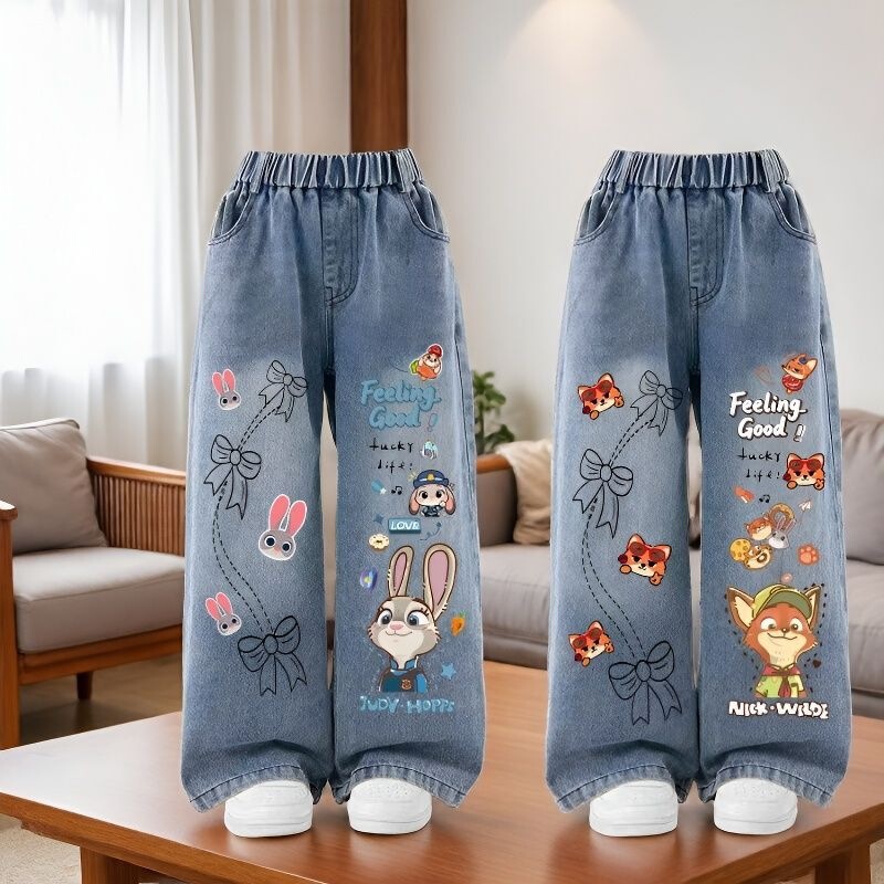 Trendy Judy Nick Girls' Zootopia New Cartoon Straight Wide-Leg Jeans for Spring and Autumn, Suitable for Older Children Trendy Judy Nick Girls' Zootopia New Cartoon Straight Wide-Leg Jeans for Spring and Autumn, Suitable for Older Children