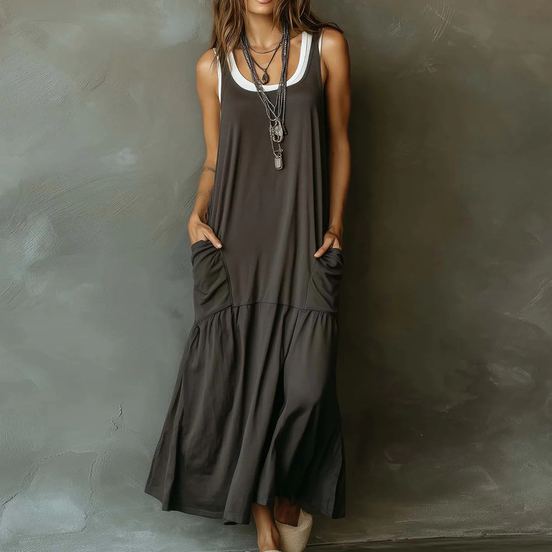 2026 European and American Cross-Border Amazon Independent Site Western Bohemian Casual Color-Block Pocket Faux Two-Piece Dress 2026 European and American Cross-Border Amazon Independent Site Western Bohemian Casual Color-Block Pocket Faux Two-Piece Dress