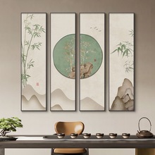 新中式禅意花鸟茶室装饰画客厅沙发背景墙画四联挂画竖幅包间壁画