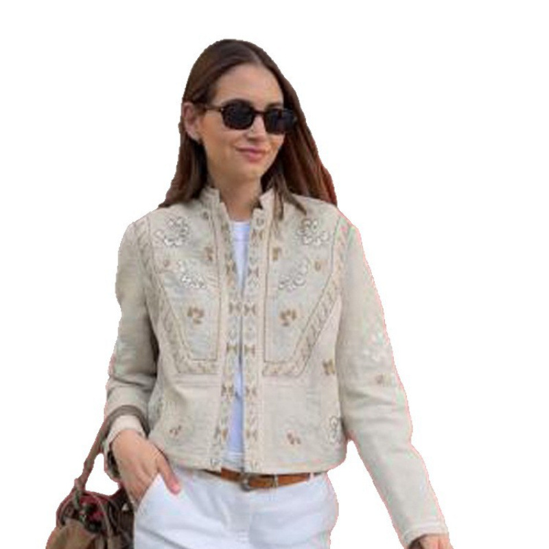 Retro estilo casual bordado impresión corto hombro pequeño abrigo de cuello vertical mujer 2026 nuevo estilo transfronterizo de Europa y América ventas calientes image 6