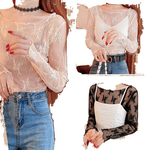 Black lace base shirt for women, autumn long-sleeve, thin inner layer, sheer mesh top with strappy neckline and delicate cutouts