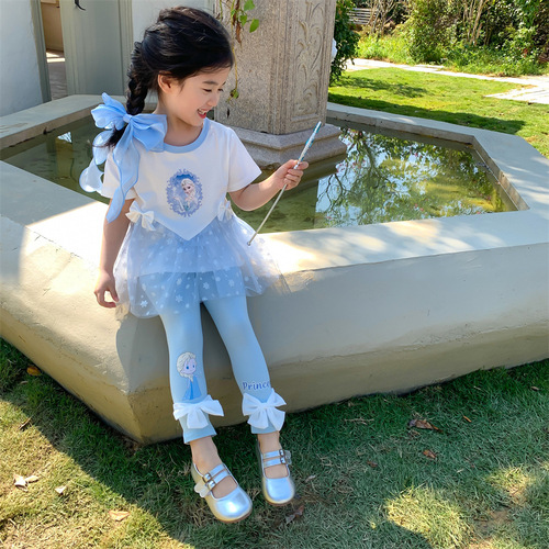  Girls' New Summer Clothes Snow Elsa Princess Melody Mesh Fashionable Versatile Cotton Short-Sleeved Two-piece Set