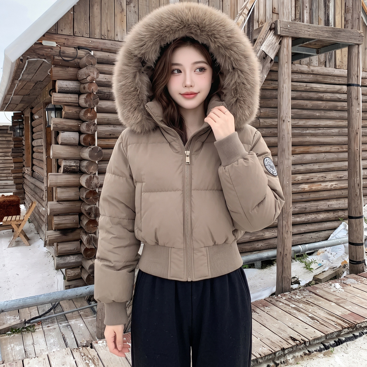 대외무역 신상 기모 두꺼운 면복 여성 후드 초대형 모직 패션 허리를 걷어