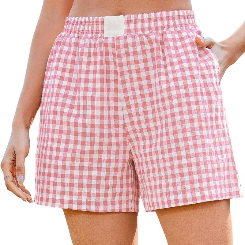 2025 Amazon European and American Women's Boxer Shorts Casual Plaid Fashion Summer Elastic Waist Casual Pants