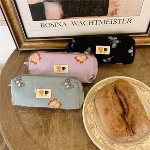 22141 Japanese and Korean Style Student Simple Pencil Case Embroidered Butterfly Large Capacity Fabric Stationery Storage Bag Cosmetic Bag for Women